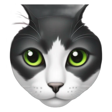 A black cat with green eyes with a white mustache, with a thin white stripe on the nose on the right side, with a full-length white breast and white paws sticker