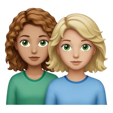 À girl with wavy brown hair, light tan skin and green eyes and freckles next to a girl with short blonde wavy hair, tan skin and light blue eyes sticker