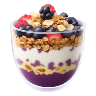 Açaí in a clear cup with layers of fruits and granola and condensed milk sticker