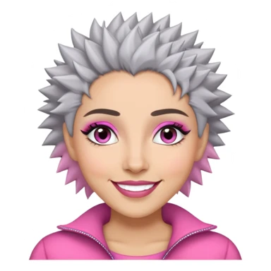 Close-up of Marian Pabón with defined facial structure, light skin with pink undertones, almond eyes with makeup, arched eyebrows, charismatic wide smile, and short spiky gray hair sticker