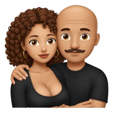 A mixed girl, the girl is wearing a black shirt, the girl has brown curly hair  and the girl has big boobs. A Mexican man is embracing her, with bald hair and a short mustache  sticker