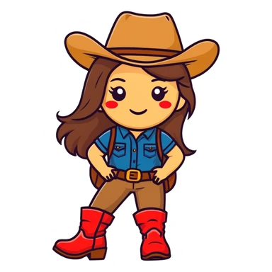 Girl emoji with long brown hair wearing a cowboy hat, sunglasses, and red boots sticker
