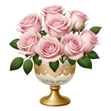 Delicate cluster of pale pink roses in a gold-rimmed glass vase, ivory lace underneath sticker