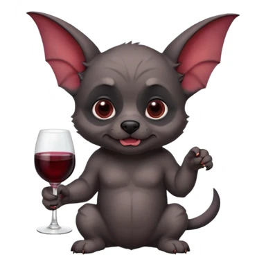 Ein kleiner, stämmiger Welpe mit kurzem, faltigem Gesicht und sehr großen, seitlich abstehenden „Fledermausohren“. Er hat kurzes dunkelgrau-schwarzes Fell mit hellbraunen Abzeichen über den Augen, an Wangen und Beinen sowie etwas hellerem Kinn, with red wine glass sticker