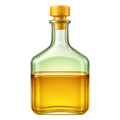frying oil bottle, clear, golden yellow oil, simple clean design, curved or rectangular, green or yellow cap, no branding, no label, fluid glossy, warm amber, no pan food extra or faces, clean 3D, soft shadows, transparent background, emoji scale sticker