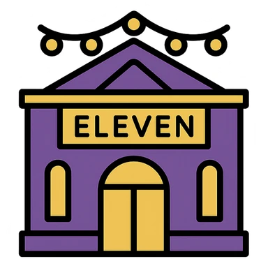 small simple icon of an elegant event venue building with the word 'ELEVEN' written on the front, purple gold and black accents, upscale modern style sticker