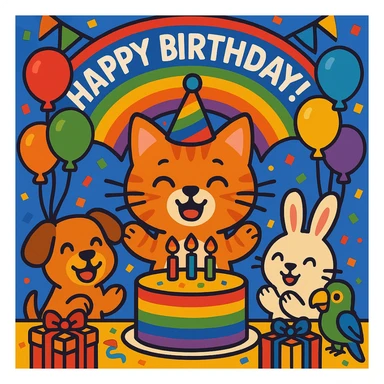 birthday party scene with a rainbow color theme including rainbow balloons, multicolored decorations, confetti, a large rainbow birthday cake, gifts, and a festive atmosphere; main character is a ginger tabby kitten wearing a birthday hat, surrounded by a puppy, bunny, and parrot also celebrating; include a prominent 'Happy Birthday!' message sticker