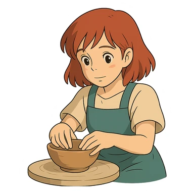 ghibli style girl with shoulder-length red hair making a bowl with clay sticker