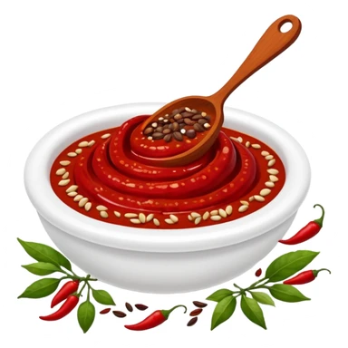 harissa paste, dollop or swirl, deep red, thick textured, glossy, uneven, flecks of chili, spices, seeds, vibrant red to crimson, clean 3D, soft shadows, transparent background, emoji scale sticker