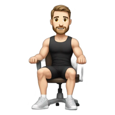 Pale skinned Fit Man With the biceps and dark brown hair in black shirt, gray sports shorts and white Sneakers Sitting on a chair sticker