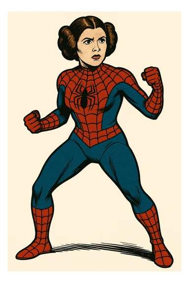 Princess Leia with iconic buns, Spiderman suit, standing heroically, comic book style, white background sticker