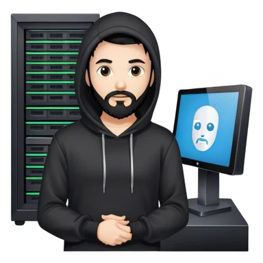 hackeur blanc cheveux noir barbe et capuche noir à côté d'un server ia sticker