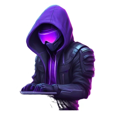 Side view developer behind his laptop with this style : crysis Cyberpunk Valorant neon glowing bright purple character purple violet black hooded assassin themed character sticker