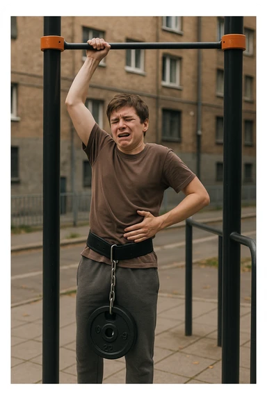 Giovane atleta neofita, fisico normale e non ancora sviluppato, si allena per la prima volta in uno spazio urbano per streetlifting: sbarra per trazioni, parallele, e pesi appesi alla cintura. Ma si è infortunato perchè non faceva le cose con la giusta tecnica. sticker
