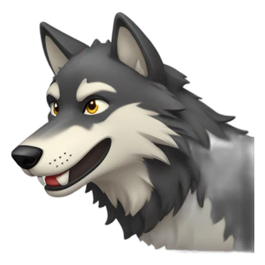 friendly dark wolf head in profile looking to right with open mouth smiling and blinking with on eye sticker