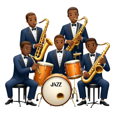 Icon for Jazz Music: The Jazz Messengers, featuring a dynamic composition with Art Blakey on drums and musicians playing saxophone, trumpet, and piano. Musical notes and a warm jazz club atmosphere emphasize the vibrant hard bop style. Transparent background. sticker