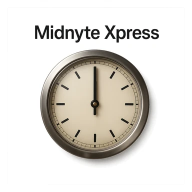 Make this clock at midnight with 'Midnyte Xpress' above look more realistic, featuring a metallic clock frame, glass face, and realistic shadows. Keep the text above in a clean font. No background, transparent background. sticker