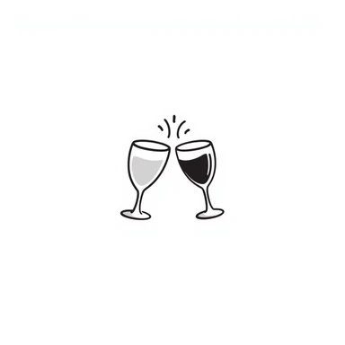 Two elegant wine glasses or champagne flutes clinking together in pastel colors (dd9fb0, ffc6d3, a3bfc9, c4bee2, f1b091), hand-drawn doodle style sticker