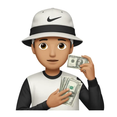 Man with money in his hand covering his face wearing a white and black hat and a Nike tech  sticker