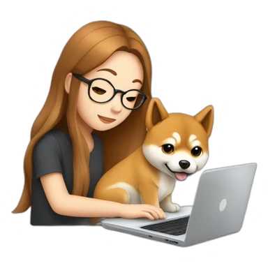 25 yo femake student with brown long hair typing on laptop with a shiba puppy next to her sticker