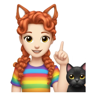 a white girl with long red curly hair in a pony tail with rainbow shirt does peace sign wearing cat ears one black other white sticker