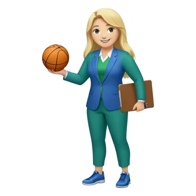 Full Body white plus size female basketball head coach using a clipboard with long blonde hair in a blue and green suit smiling with basketball and clipboard sticker