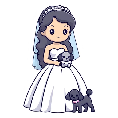 A beautiful girl with long black hair in a wedding dress holds a small gray poodle sticker