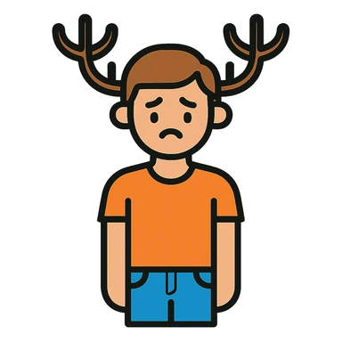 A casual guy with deer antlers, wearing a t-shirt and jeans, with a sad or thoughtful facial expression, neutral background, no snow sticker