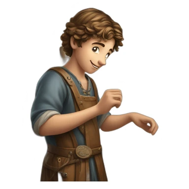 young coin engraver apprentice yielding a coin, medieval age sticker