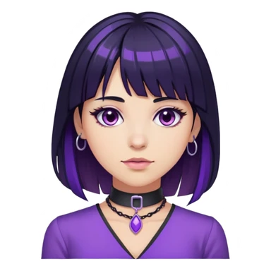long black hair with purple highlights with bangs and choker with purple blouse sticker