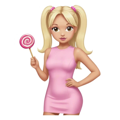 Emma Bunton with long blonde ponytails wearing light pink bodycon dress holding a lollipop sticker