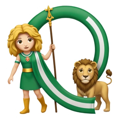 Un drapeau  avec 2 bande verte qui et une bande blanche au milieu avec une femme avec 1 lion de chaque coter d’elle sous un arc en pierre  sticker