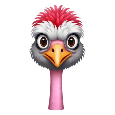 An ostrich with black and white feathers on the body, fluffy grey head feathers, pinkish-red neck, and red legs. sticker