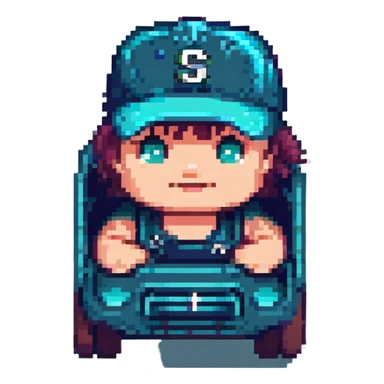 cute dump truck in navy blue and teal green, wearing a Mariners baseball cap, pixel art style, angled front view, playful pose sticker