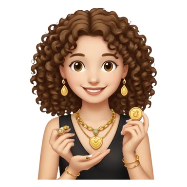 smiling girl with curly hair holding jewelry sticker