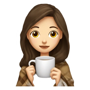 brunette white girl under plaided blanket with coffee cup sticker