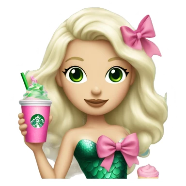 platinum blonde mermaid with green eyes drinking pink starbucks wearing a pink bow sticker