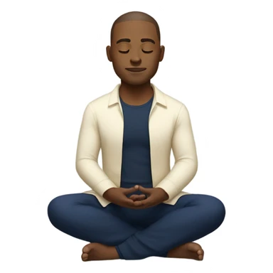 Light skinned man meditating sitting down with cream shirt and navy blue pants.  sticker