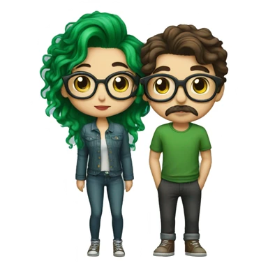 A heavy set boy with brown hair and a mustache is kissing a green haired girl who is thin and wearing glasses both have tattoos sticker