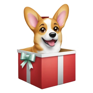Corgi popping out of a wrapped Christmas gift box, with a bow on its head and a surprised look sticker