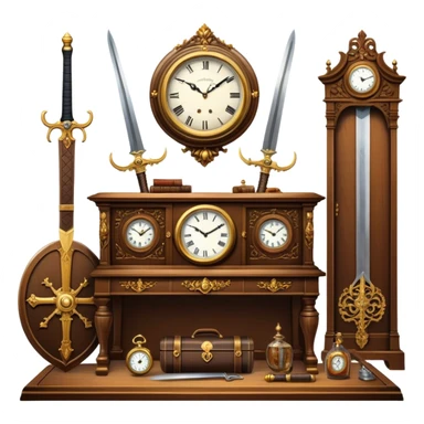 Icon for Antiques Collecting: a vintage clock, intricately carved furniture, famous paintings, antique swords, and rifles. The items are displayed on a wooden table or shelf. The icon should evoke the rich history and craftsmanship of antique collecting. Transparent background. sticker