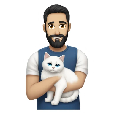 A guy with a black earing and black short hair and black beard and holding a all white Siberian cat with blue eyes  sticker