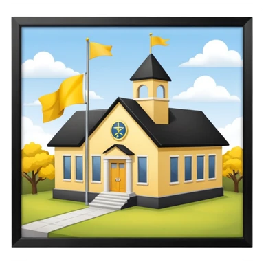 magic school, with a flag, flag on a roof, yellow flag, white school sticker