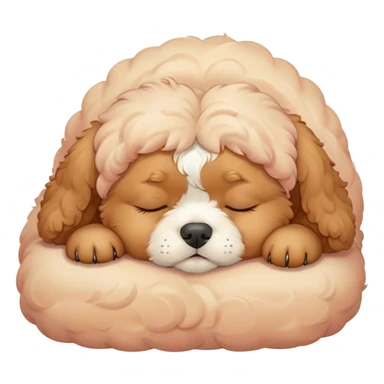 Cinematic Meme-Worthy Chubby Sleeping Cavoodle Portrait Emoji, Head resting peacefully with a contented smile, showcasing a delightfully chubby build and a luxuriously soft, curly apricot coat with gentle white accents, eyes shut in a serene nap, Simplified yet hilariously adorable features, highly detailed, glowing with a soft, drowsy light, high shine, relaxed and utterly lovable, stylized with an air of playful laziness, bright and heartwarming, soft glowing outline, capturing the essence of a comically sleepy Cavoodle, so meme-worthy it feels like it could instantly become the next viral sensation of adorable slumber! sticker