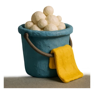 bucket with bubbles and cleaning cloth in claymation style, soft matte finish sticker