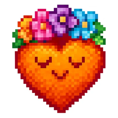 Add a crown of colorful flowers to the orange heart, keeping the retro and vibrant pixel art style with no background. sticker