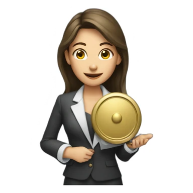 Business woman holding a gong sticker