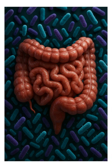 intestino umano anatomico realistico pieno di batteri intestinali viola e turchesi che gli fluttuano intorno, IPERREALISTICA 4K sticker