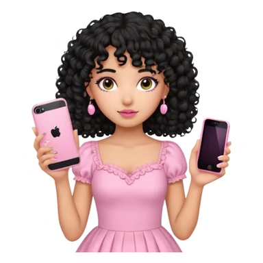 uma menina fofa de pele oliva e cabelos pretos encaracolados e com franja encaracolada e um vestido rosa pastel detalhado e maquiagem levemente rosada enquanto segura um iphone rosa sticker
