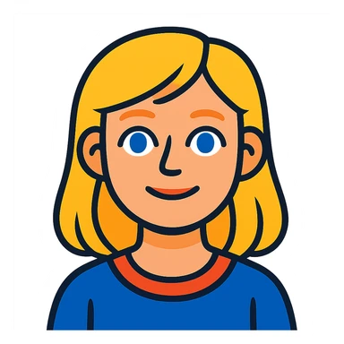 avatar of a 15-year-old girl, blonde hair, blue eyes, thin lips, round face, colorful cartoon style sticker